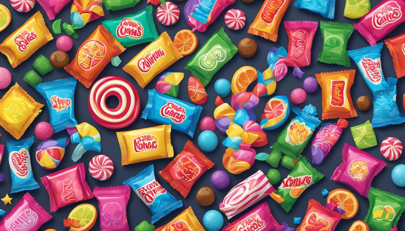 Brightly colored candy wrappers and logos from popular sweet brands are displayed against a backdrop of festive decorations, showcasing the cultural impact and seasonal trends of the candy industry