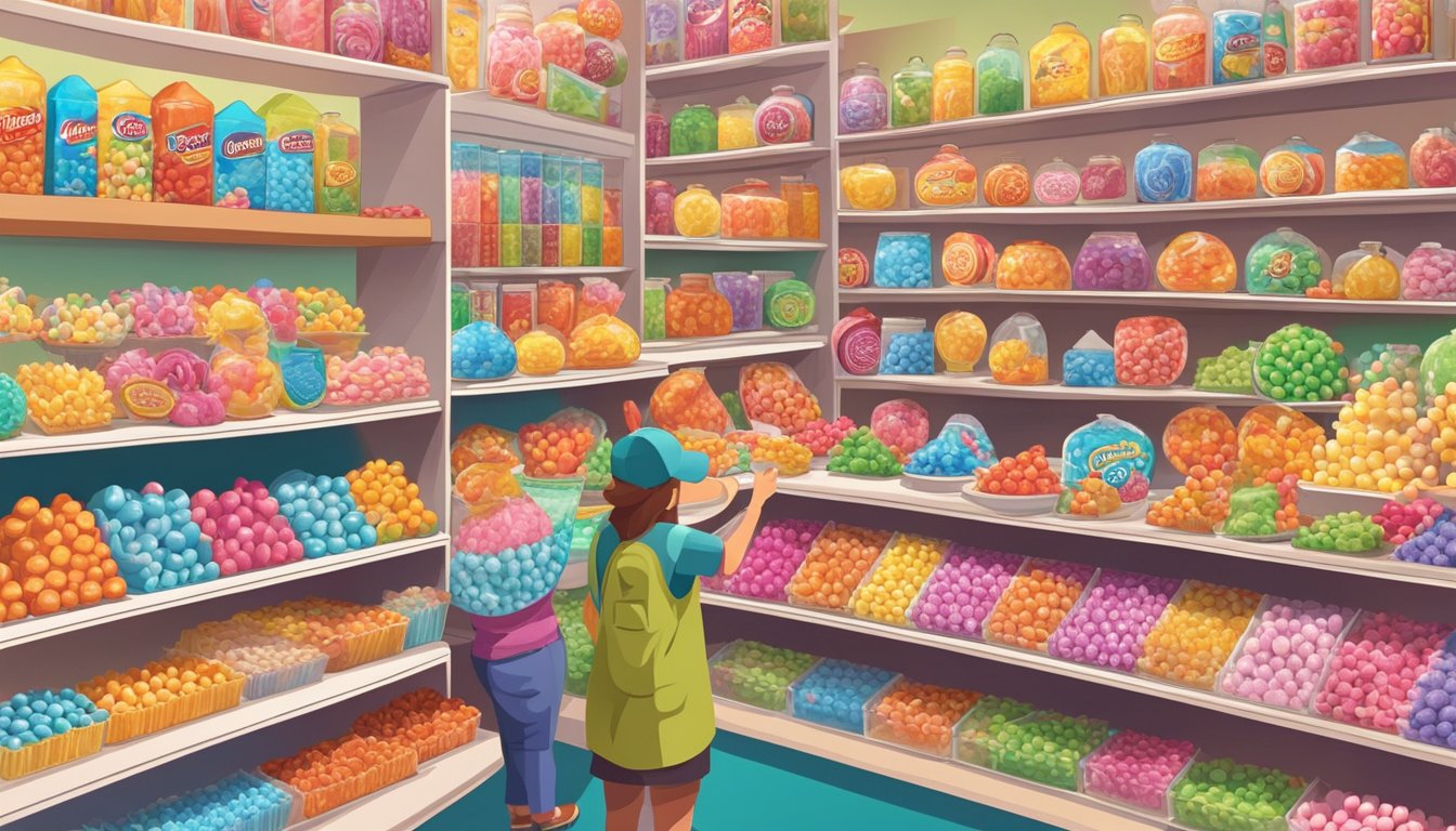 Colorful candy logos displayed on shelves with a crowd of people browsing and pointing at various sweet treats