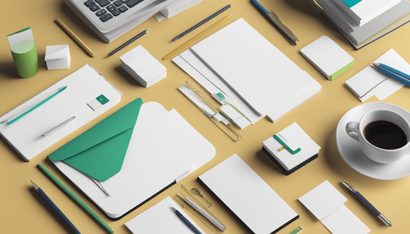 A table with various branded stationery items neatly arranged: business cards, letterheads, envelopes, pens, and notebooks