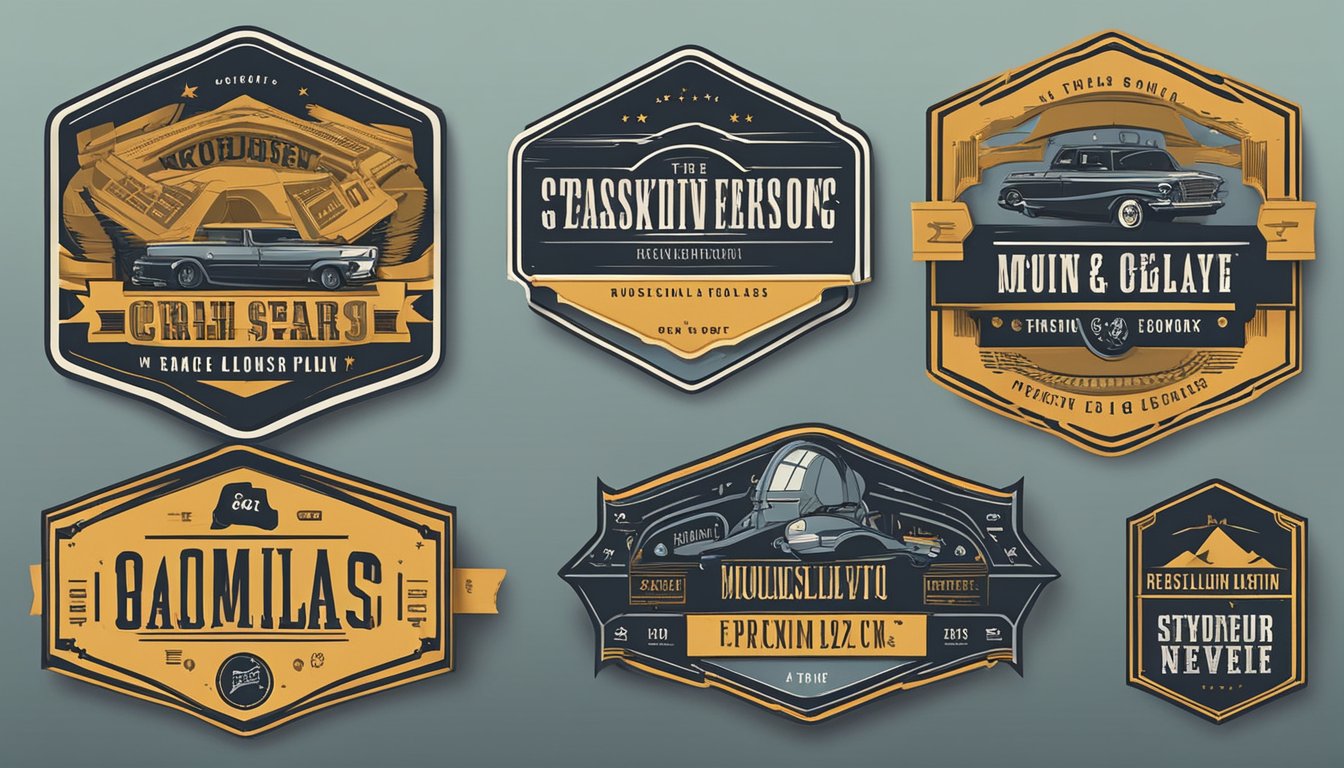 A group of large, sturdy clothing labels displayed on a rack, with bold, masculine fonts and logos