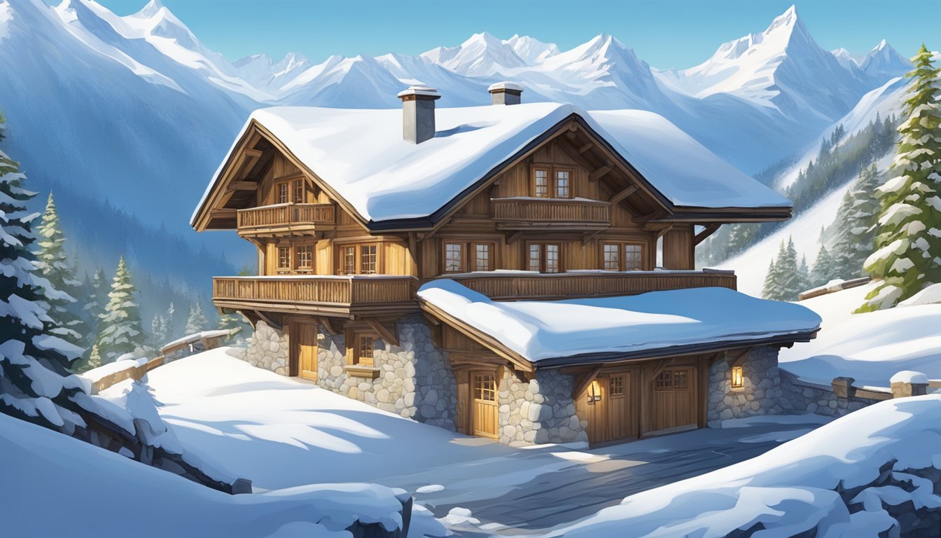 A picturesque Swiss chalet nestled in the snow-covered Alps, with a clear blue sky and a backdrop of majestic mountains