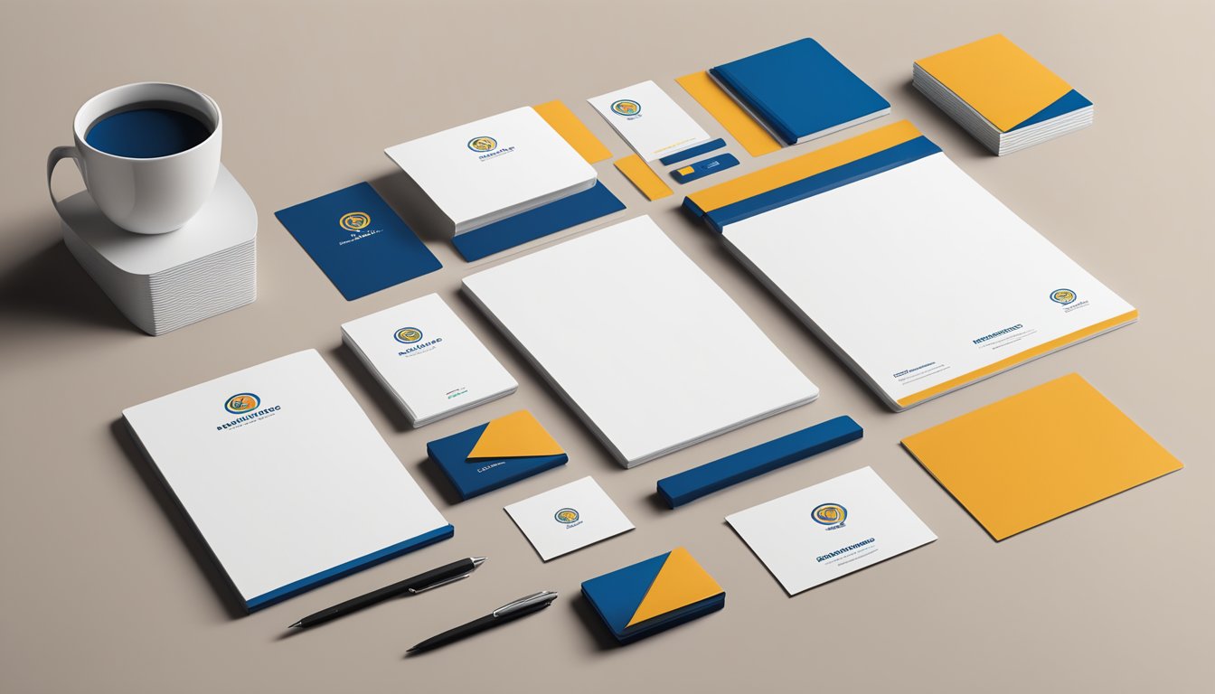 A desk with branded stationery neatly arranged: letterhead, business cards, envelopes, and notepads. The company logo is prominently displayed on each item