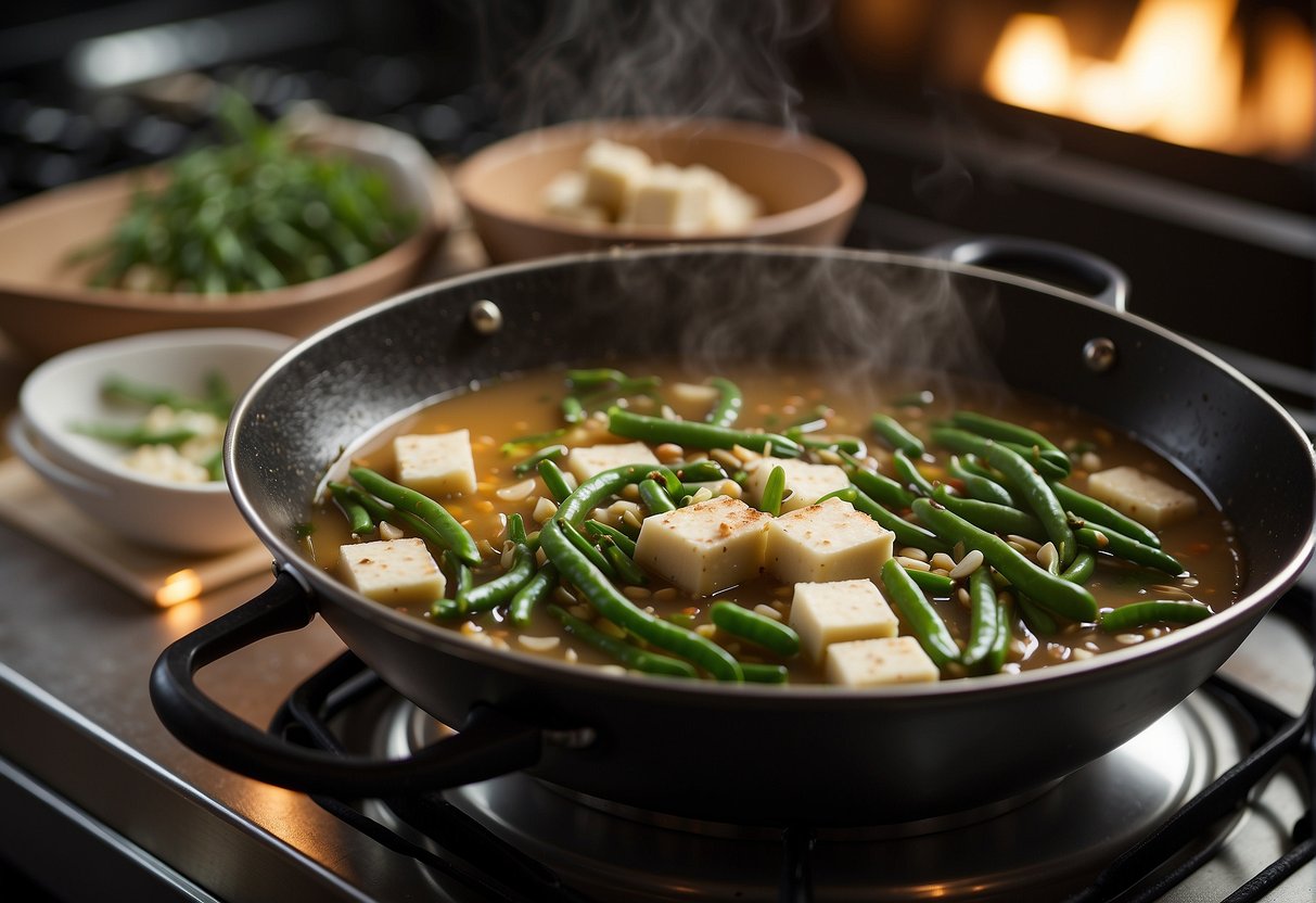 A pot simmers on a stovetop, filled with Chinese bean soup. Steam rises as the aroma of ginger and garlic fills the air. Green beans and tofu float in the savory broth