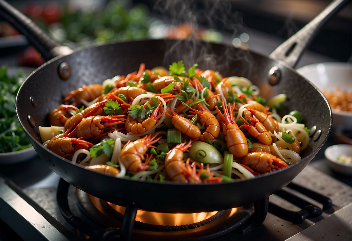 A wok sizzles as a chef stir-fries crayfish with ginger, garlic, and chili in a fragrant Chinese sauce. Green onions and cilantro garnish the dish
