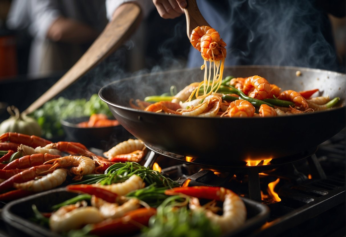 A wok sizzles with ginger, garlic, and chilies as a chef tosses in live crayfish, stir-frying them with soy sauce and Chinese spices