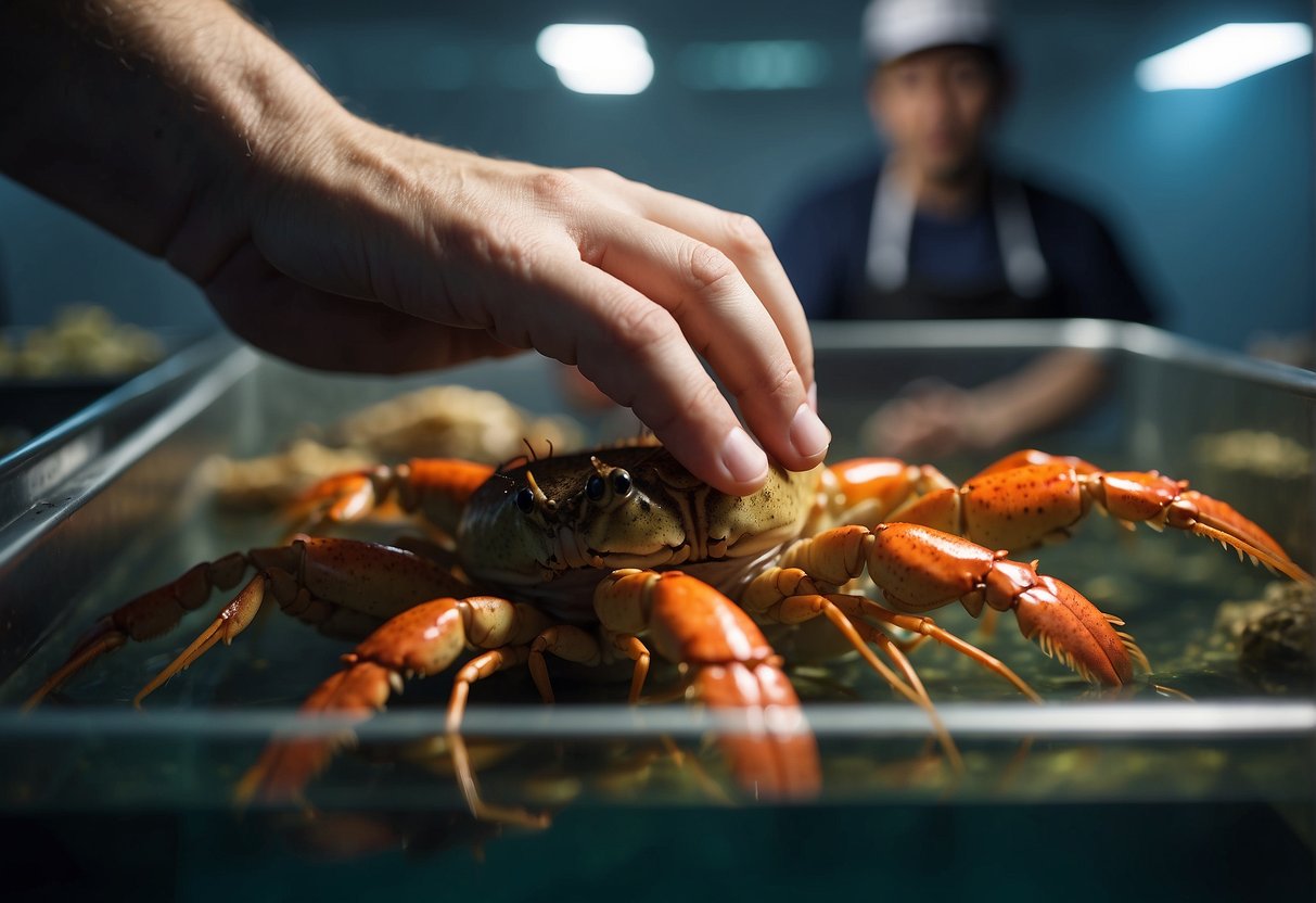 A hand reaches for live crayfish in a tank. A chef cleans and prepares them for a Chinese recipe