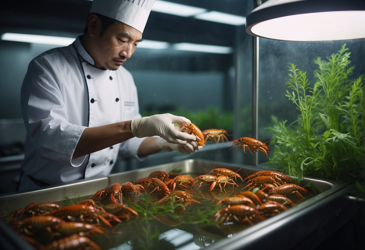 A chef selects live crayfish from a tank, then cleans and prepares them for a Chinese-style recipe