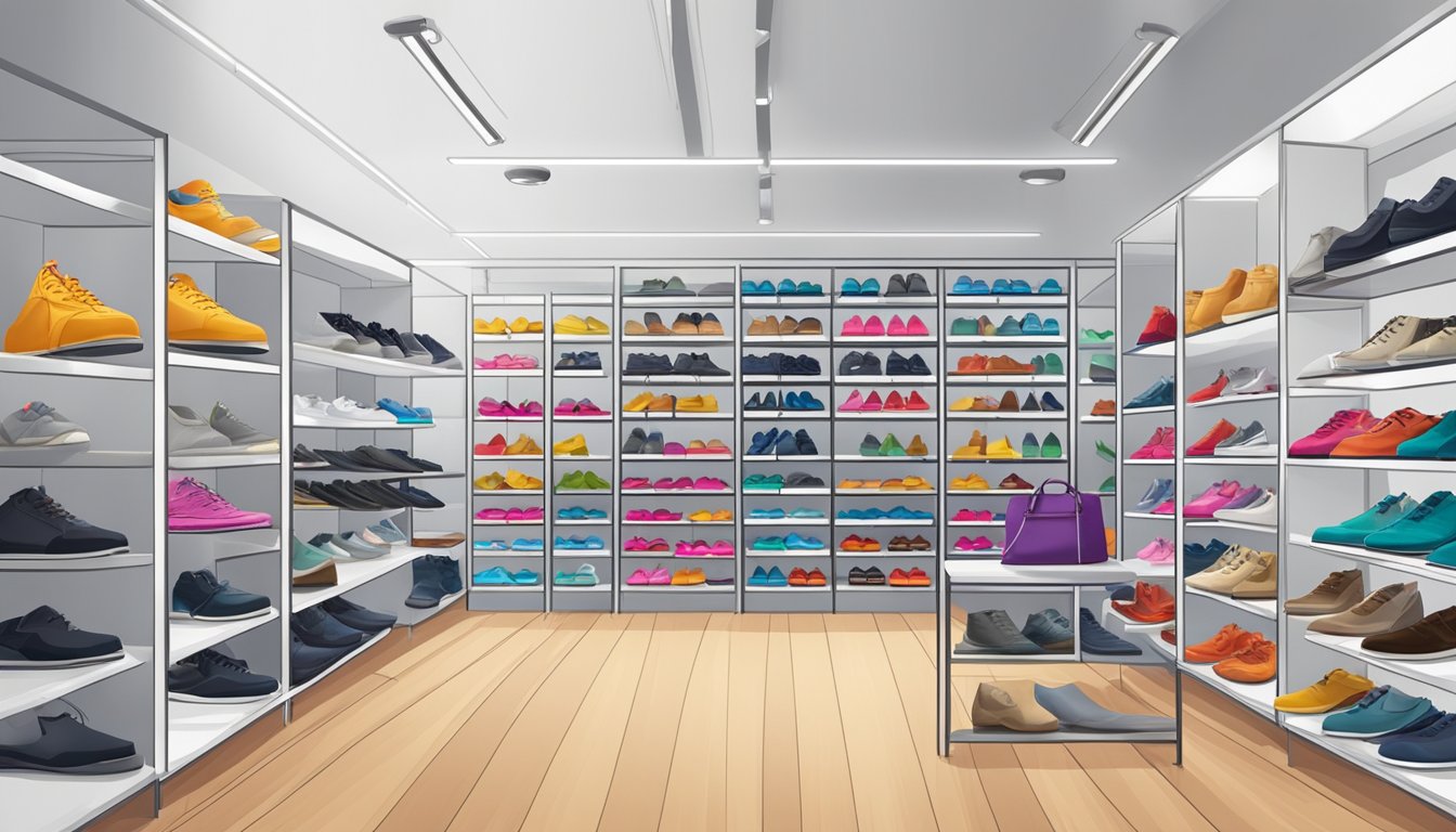 A collection of large-sized shoes and accessories from various brands displayed on shelves and racks in a spacious, well-lit store