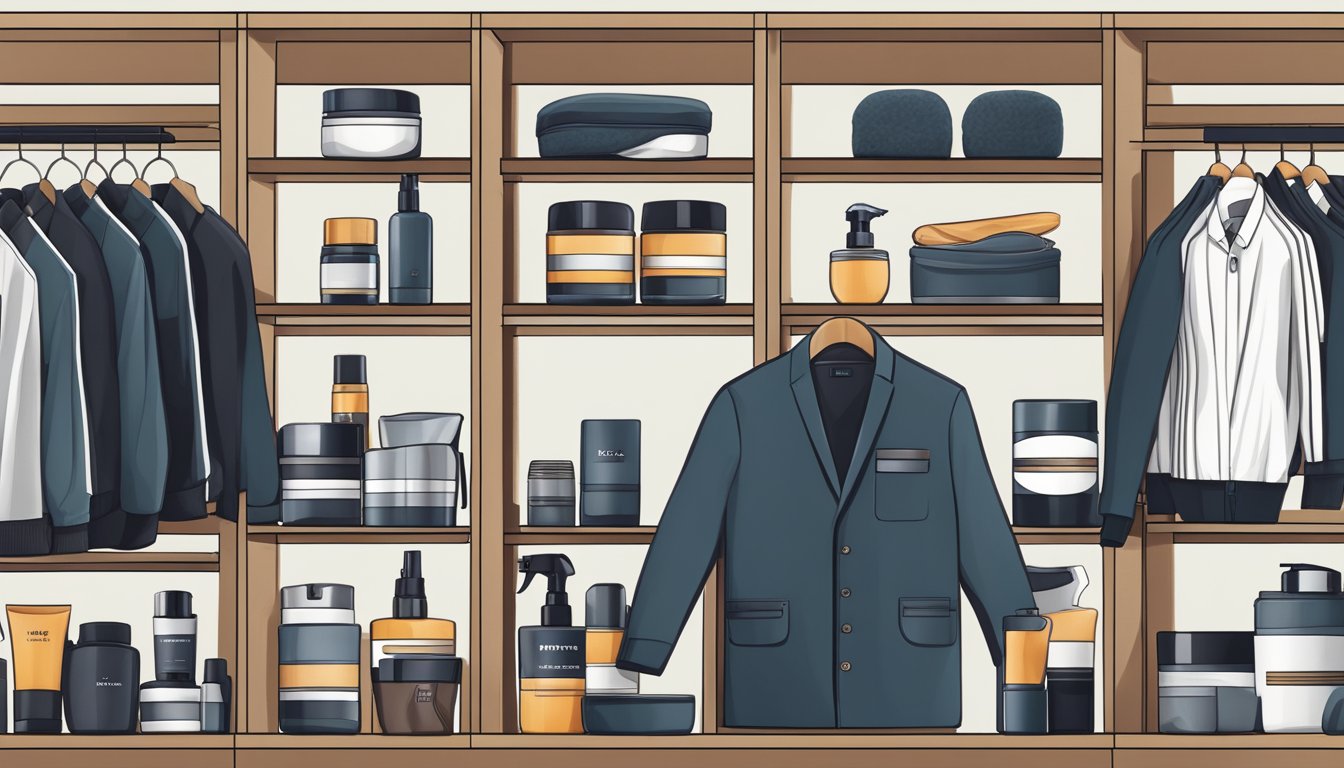 A lineup of grooming products and stylish clothing for plus-size men displayed on a sleek, modern shelf