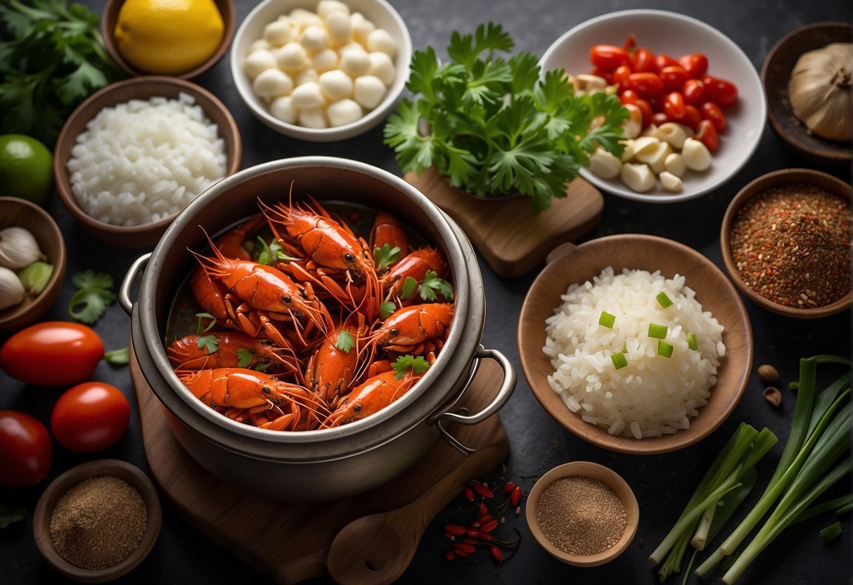A steaming pot of Chinese-style crayfish, surrounded by essential ingredients and seasonings like ginger, garlic, green onions, and Sichuan peppercorns