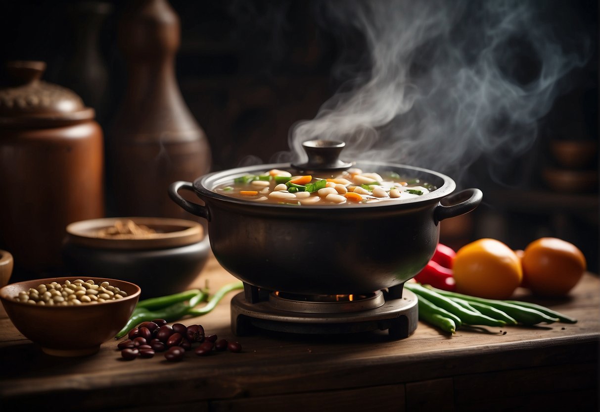A steaming pot of Chinese bean soup simmers on a traditional stove, surrounded by ancient cooking utensils and spices. A calligraphy scroll depicting the recipe's cultural significance hangs on the wall