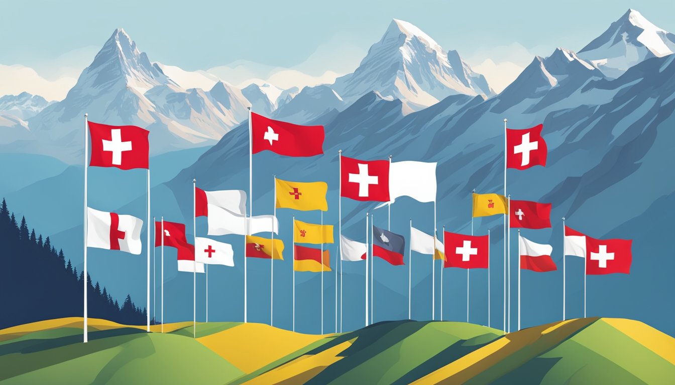 A Swiss flag waving in front of a row of iconic Swiss brands' logos, with a backdrop of the Swiss Alps