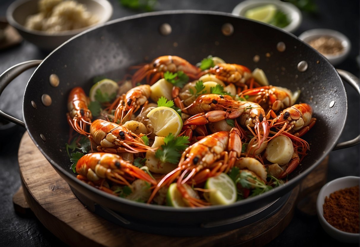 Crayfish being stir-fried in a wok with ginger, garlic, and chilies, then simmered in a savory Chinese sauce