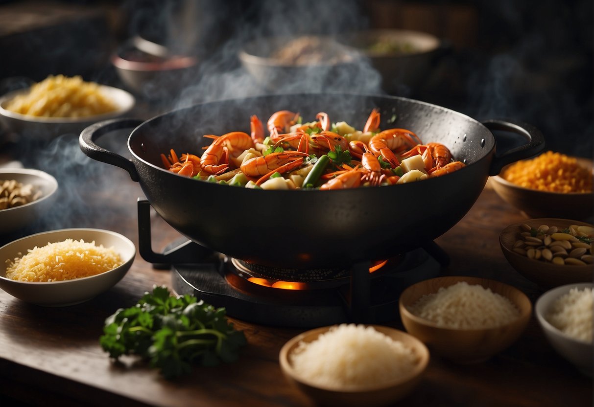 A wok sizzles with Chinese spices, ginger, and garlic as crayfish are added, creating a fragrant and flavorful dish