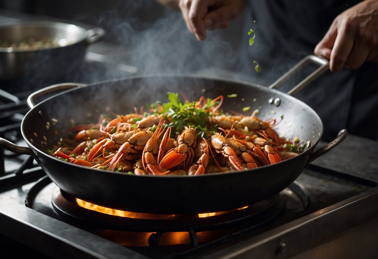 Crayfish being stir-fried in a wok with ginger, garlic, and Sichuan peppercorns. A chef adds soy sauce and cooking wine for a Chinese-style dish