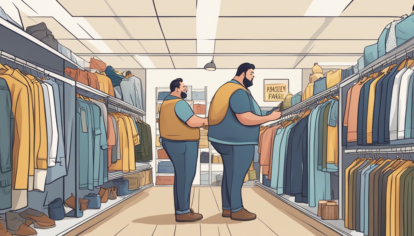 A group of plus-size men browsing through racks of clothing with "Frequently Asked Questions" signs and labels in a spacious, well-lit store
