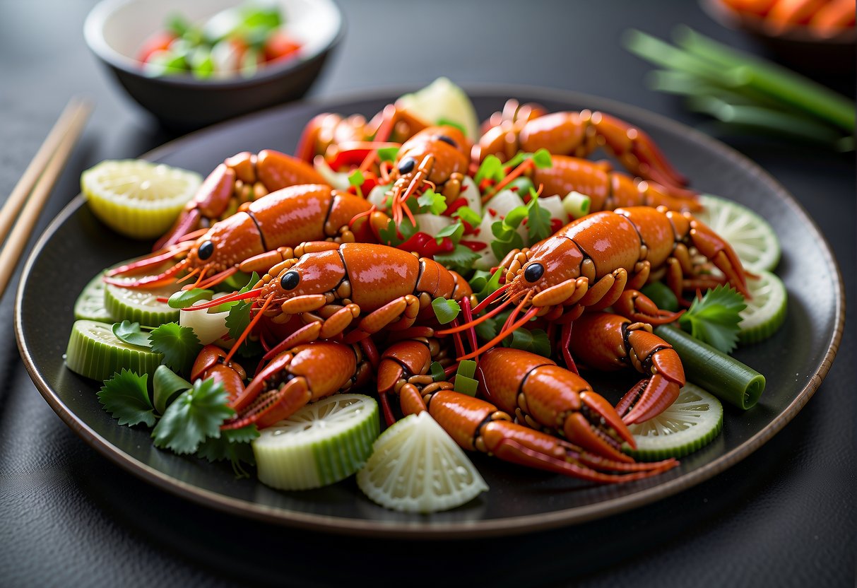 A platter of Chinese-style crayfish, garnished with green onions and chili peppers, served on a decorative plate with chopsticks nearby