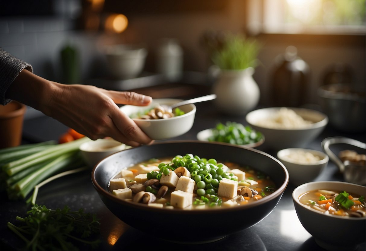 A hand reaches for tofu, mushrooms, and green onions on a kitchen counter for Chinese bean soup