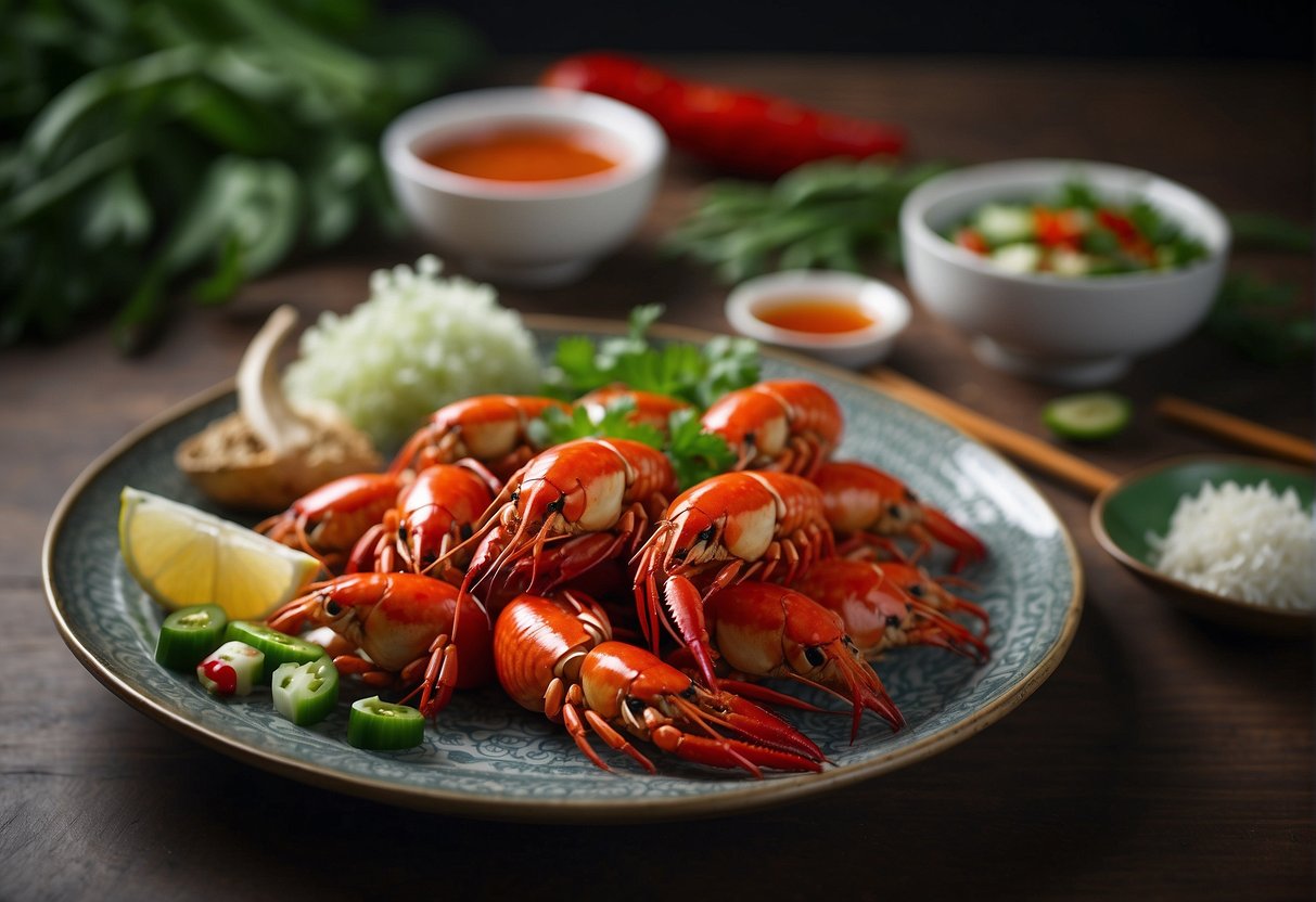 A plate of Chinese-style crayfish is being placed on a table, with chopsticks on the side. The dish is garnished with green onions and red chili peppers