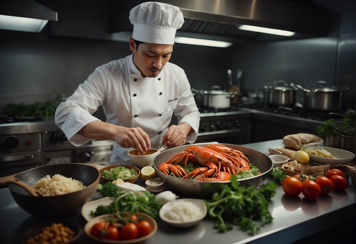 A chef prepares a Chinese crayfish dish while surrounded by various ingredients and cooking utensils. The recipe book is open to the "Frequently Asked Questions" section