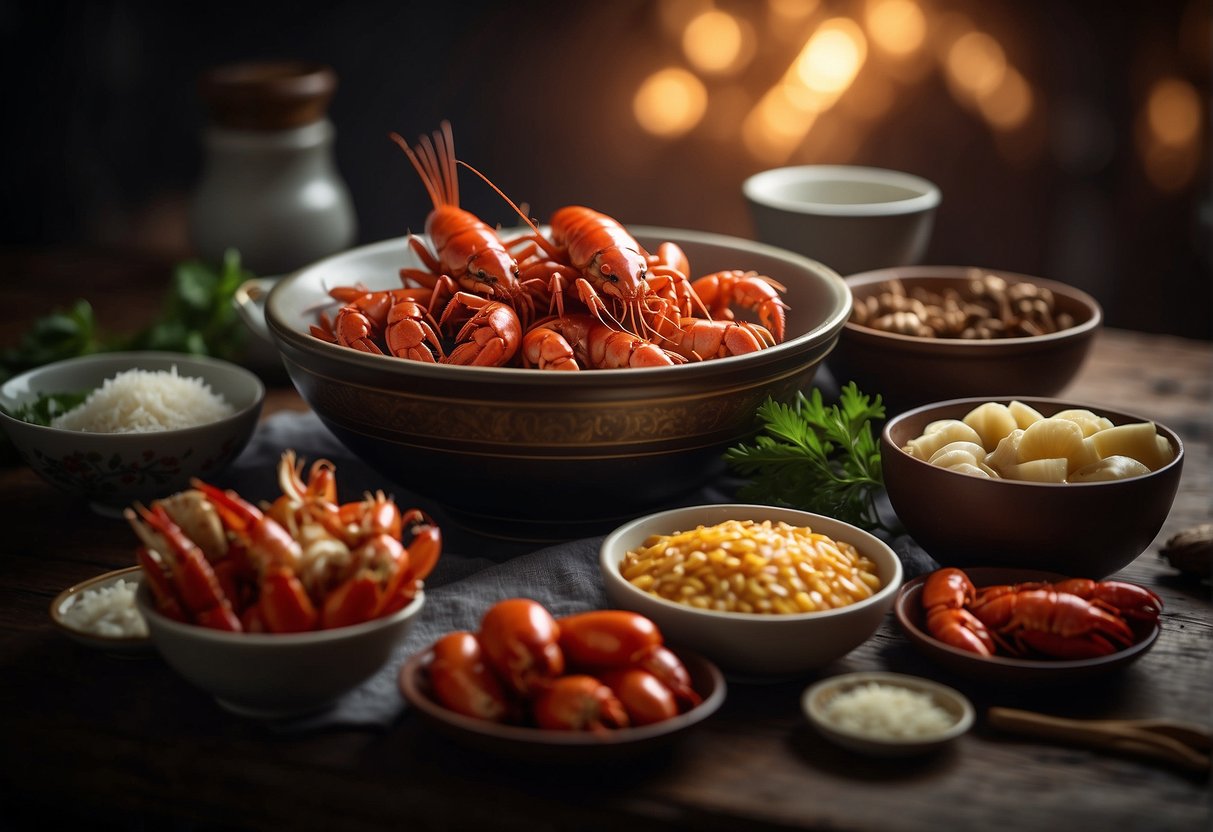 A table set with various Chinese ingredients and cooking utensils, with a bowl of live crayfish ready to be prepared in a Chinese style recipe