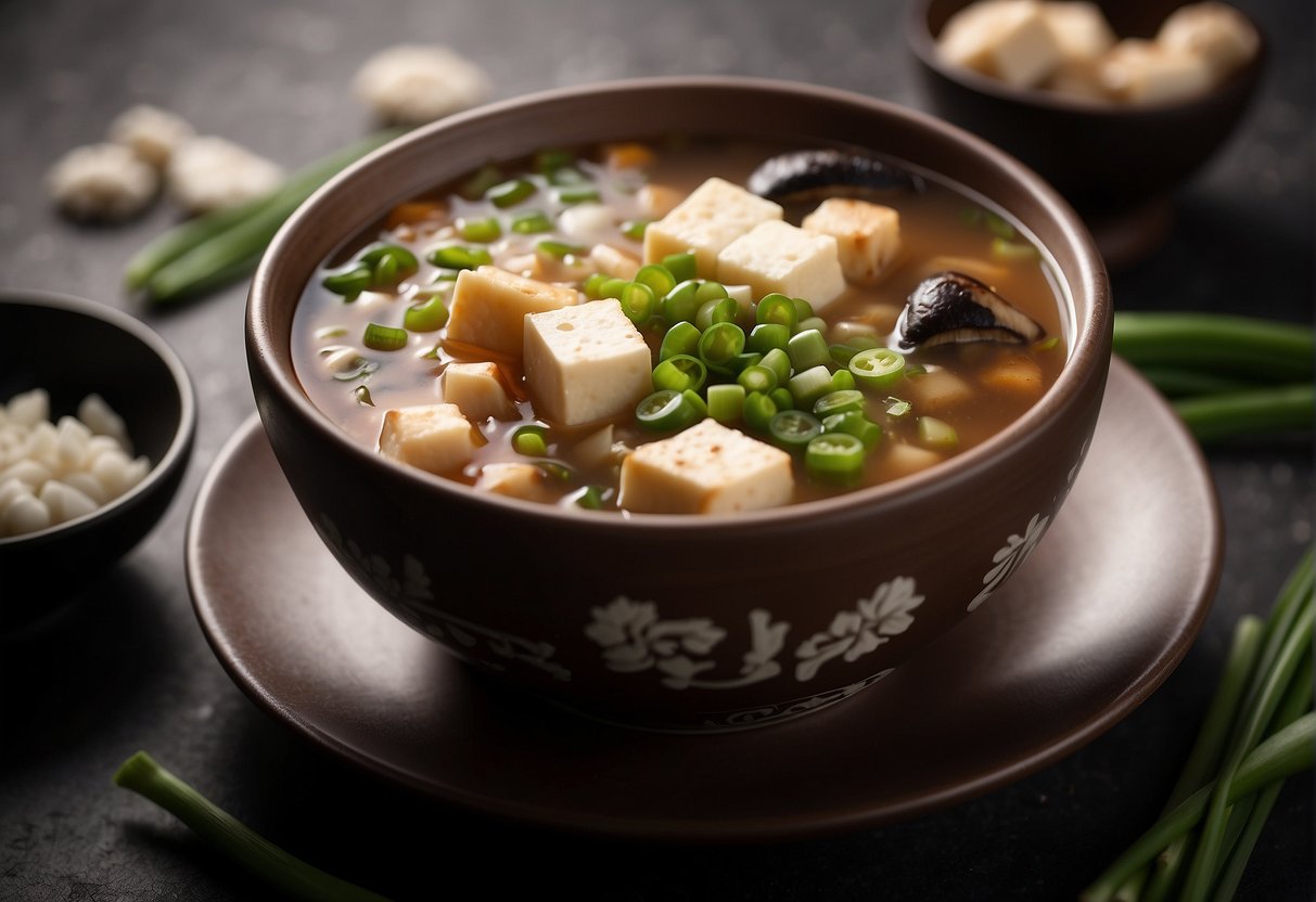 A steaming bowl of Chinese bean soup with floating pieces of tofu, mushrooms, and green onions. A spoon rests on the side, ready to be used