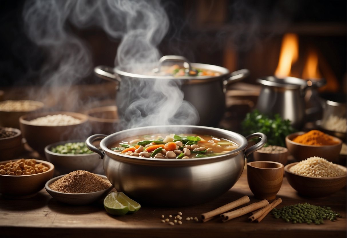 A steaming pot of Chinese bean soup sits on a wooden table, surrounded by various spices and ingredients. Airtight containers line the shelves in the background, ready for storage