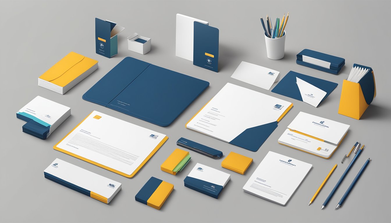A desk with branded stationery neatly arranged: letterhead, envelopes, business cards, and notepads. The logo is prominently displayed on each item, creating a cohesive and professional look