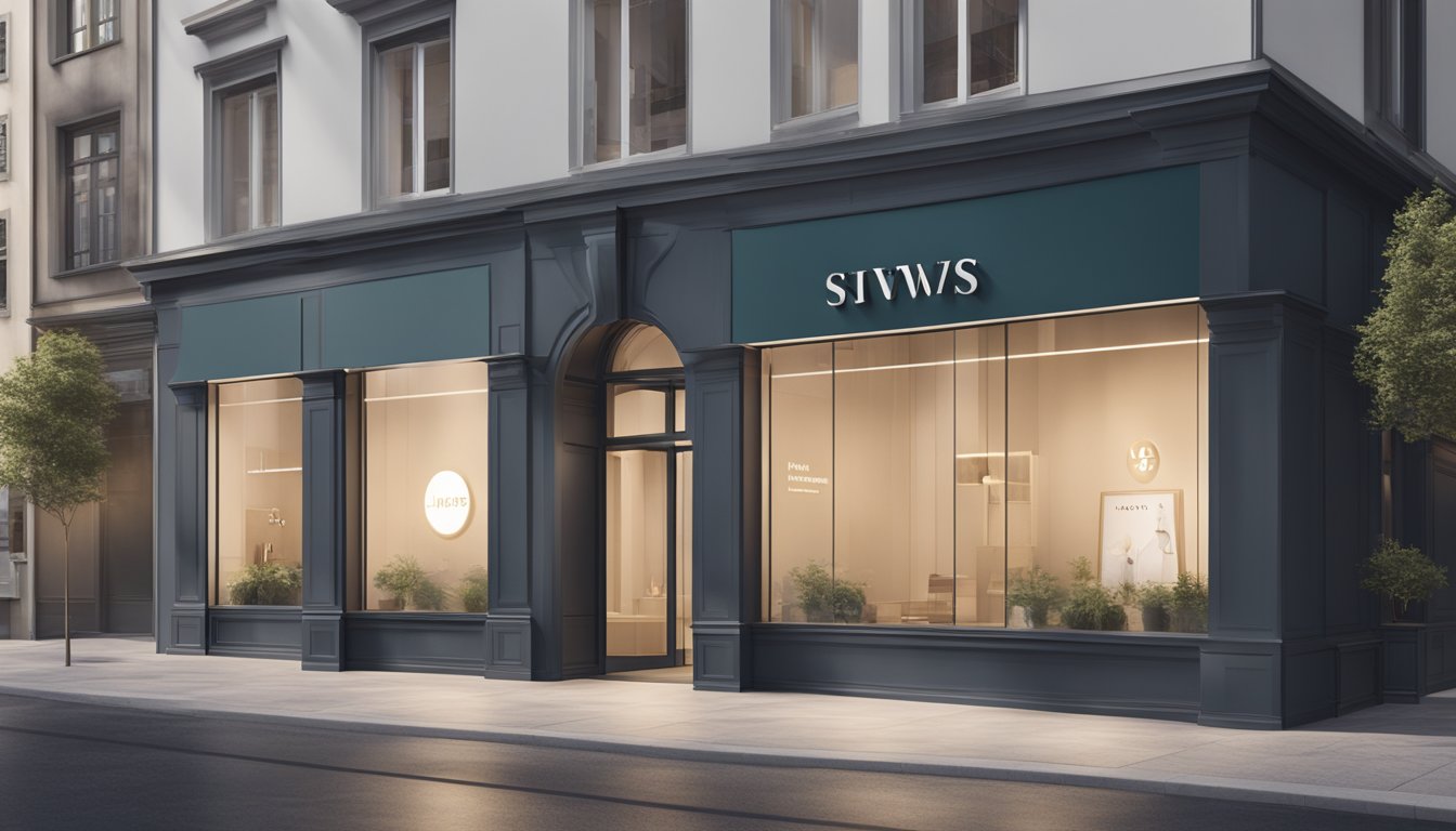 A modern Swiss brand's logo displayed on a sleek and minimalist storefront in a trendy urban setting