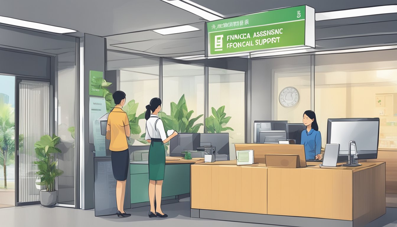 A Singapore money lender's office with a sign displaying "Financial Assistance Schemes and Support for Foreigners." A foreigner is receiving assistance from a staff member