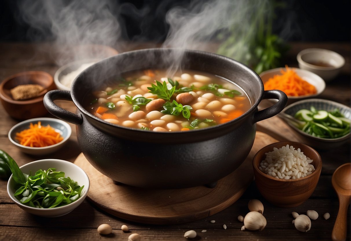 A steaming pot of Chinese bean soup sits on a rustic wooden table, surrounded by assorted ingredients and cooking utensils. The recipe book is open to a page detailing customisation and variations