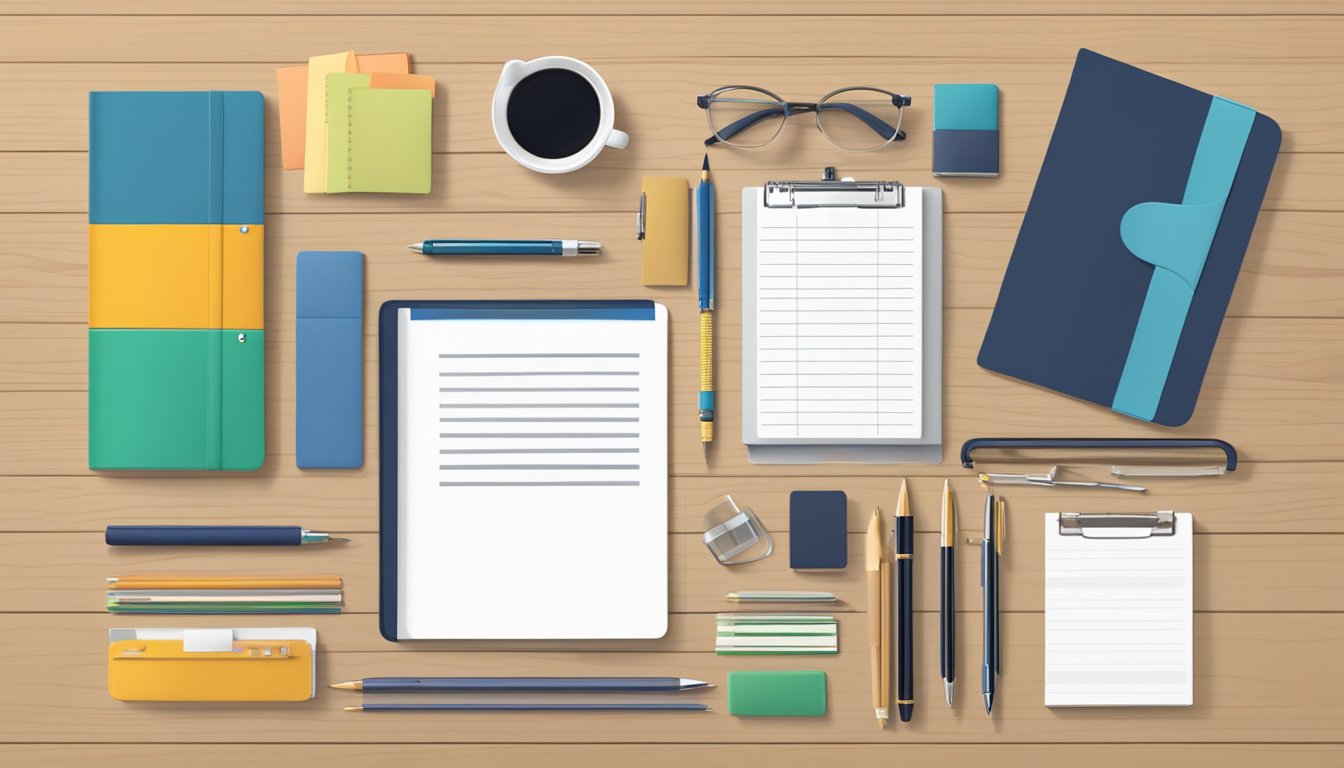 A neatly arranged table with branded stationery items such as pens, notebooks, and folders. The items are organized and labeled with "Frequently Asked Questions" branding