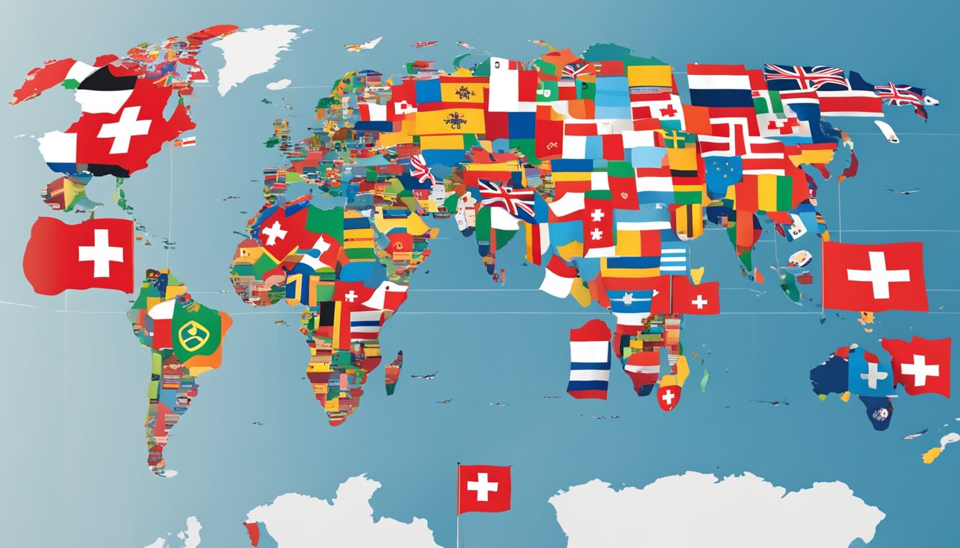 A Swiss flag flying high above a global map, with iconic Swiss brands logos scattered around the world
