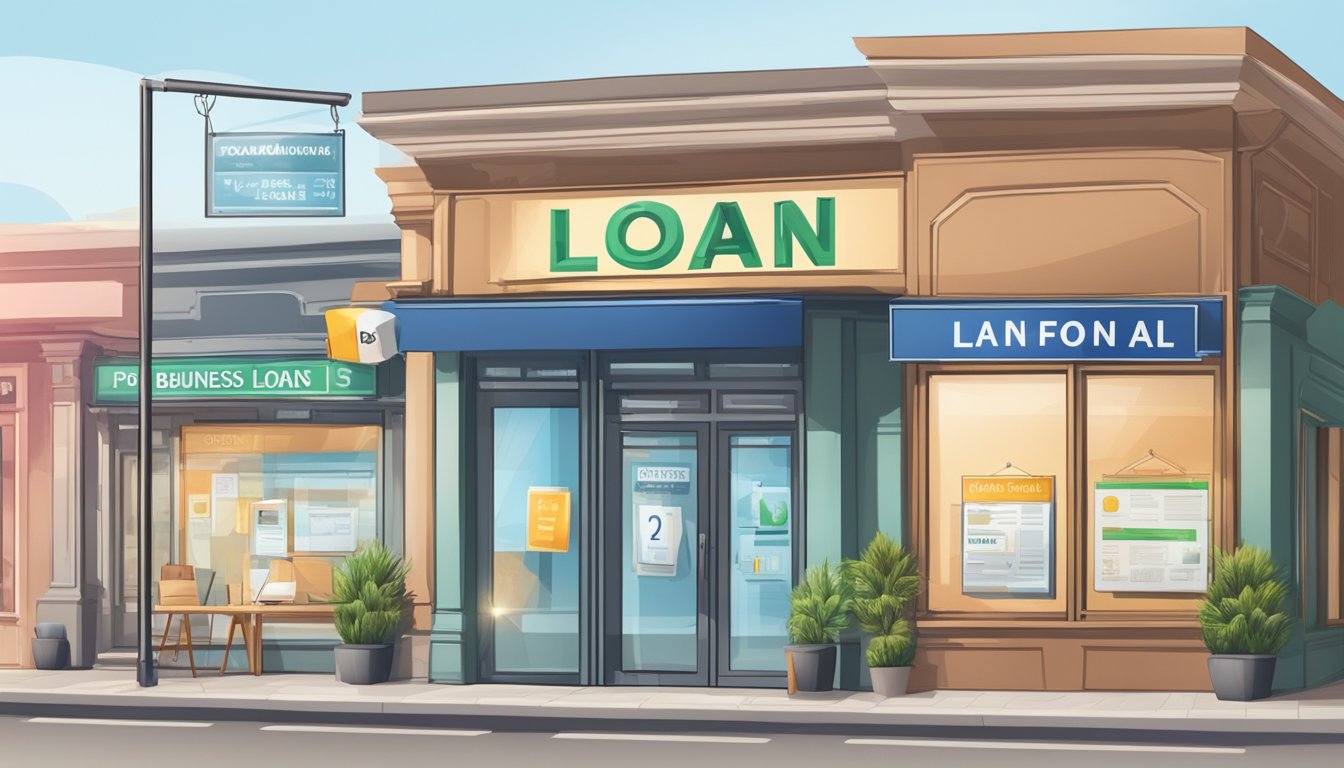 Various loan options displayed on a signboard, with symbols representing personal, business, and mortgage loans. A money lender's office in the background