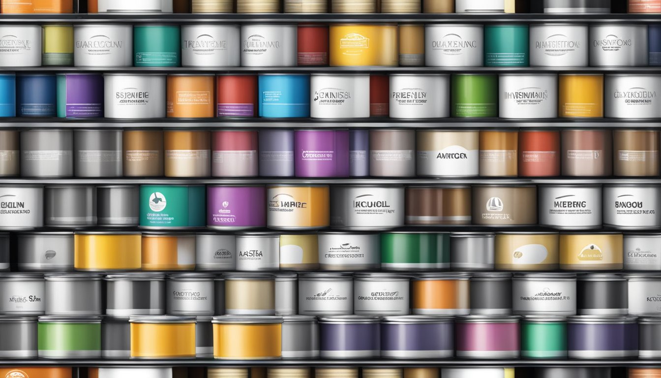 Various interior paint cans stacked on shelves, with color swatches and brushes nearby. Brand logos prominently displayed
