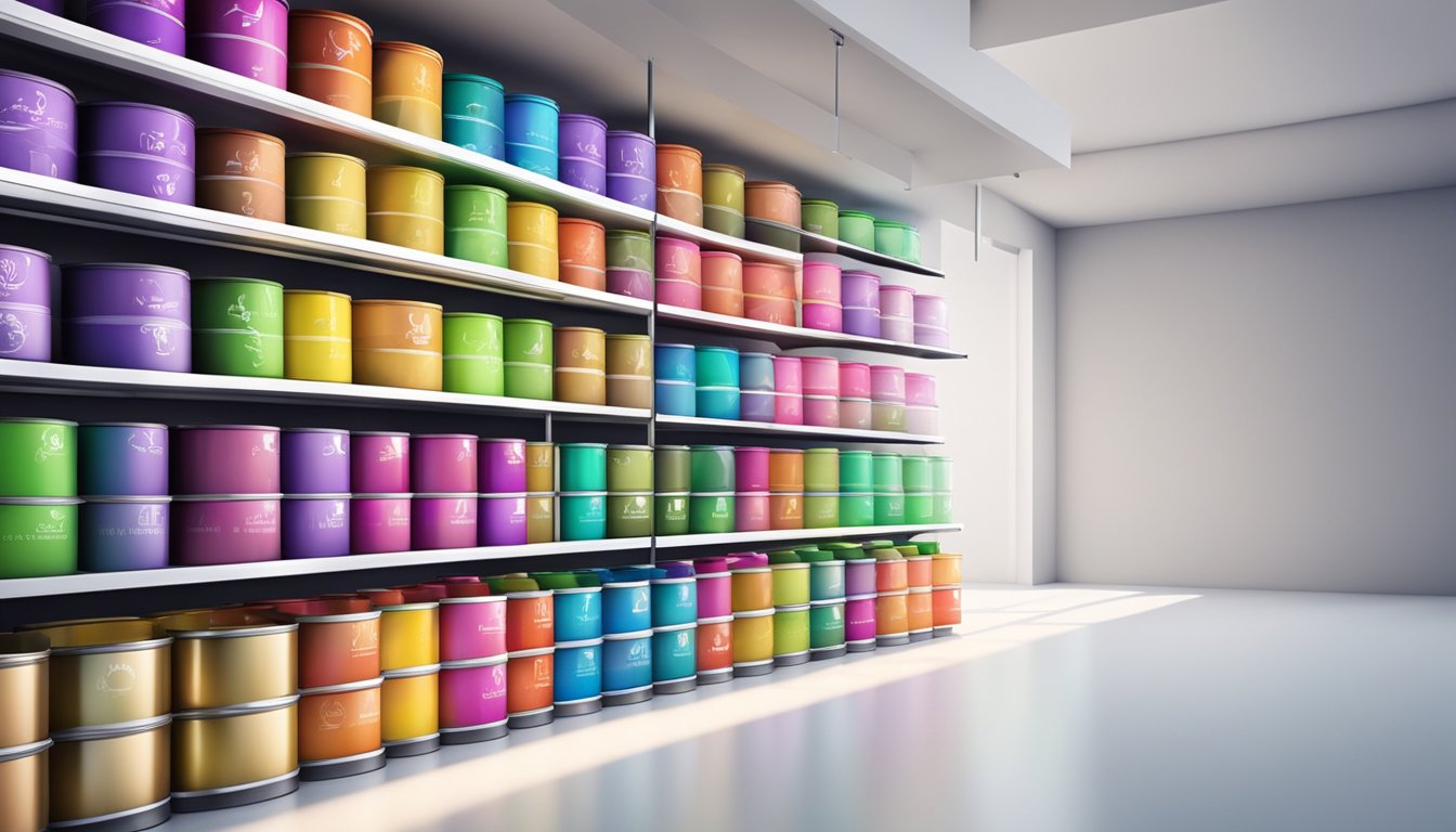 Colorful paint cans arranged on a shelf, with brand logos prominently displayed. Brightly lit room with clean, modern aesthetic