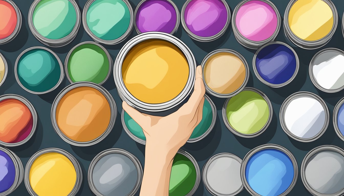 A hand reaches for various paint cans with different finishes on a shelf, next to a color swatch and paintbrushes