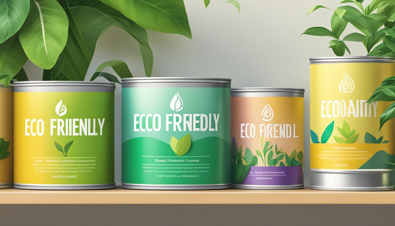 Vibrant paint cans labeled "Eco-Friendly" and "Health-Conscious" stand on a shelf, surrounded by green plants and natural light