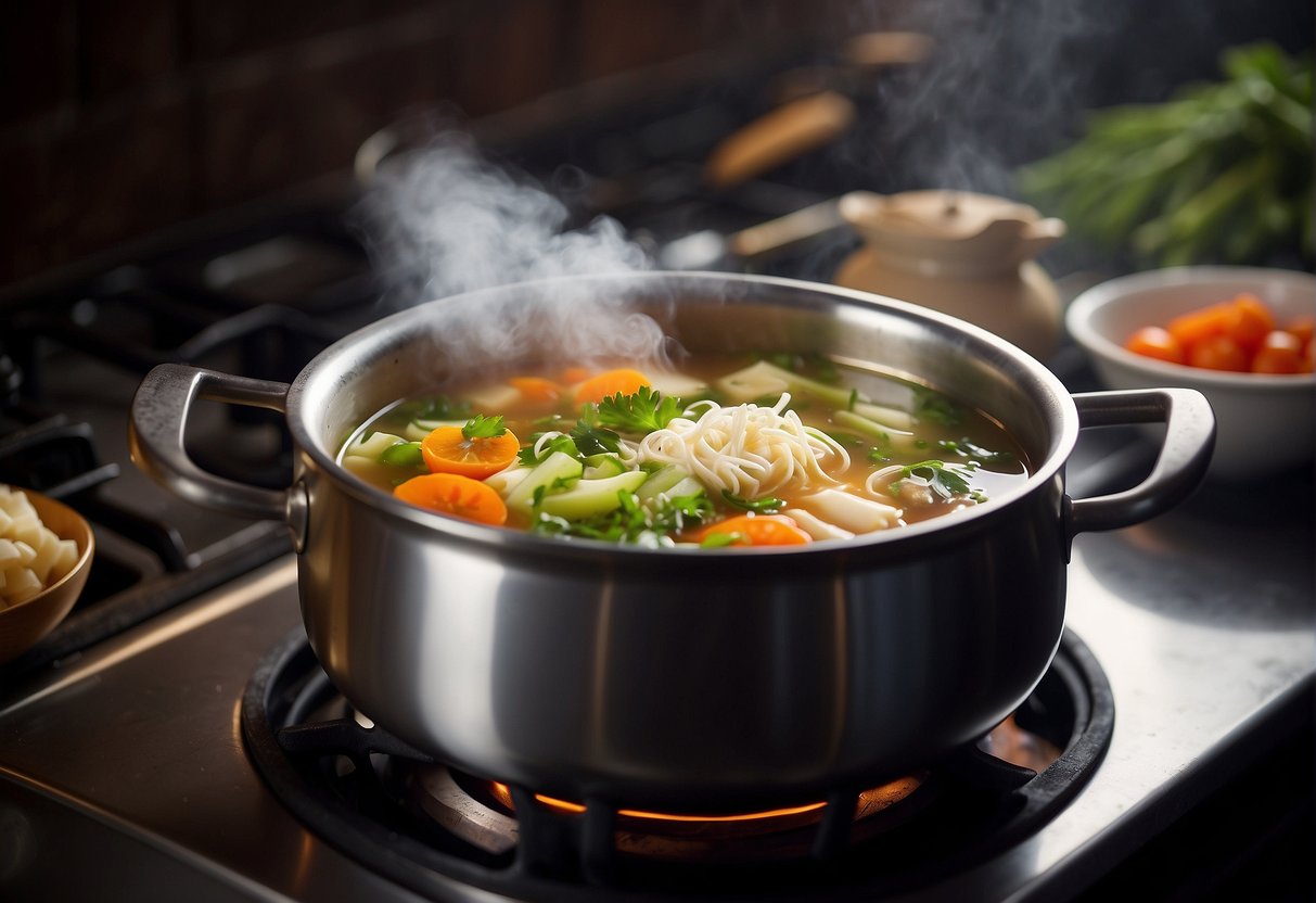 A steaming pot of Chinese beauty soup simmers on a stove, filled with vibrant vegetables, fragrant herbs, and nourishing broth