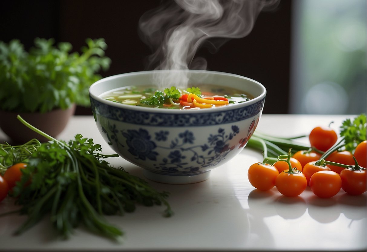 A steaming bowl of Chinese beauty soup sits on a delicate porcelain plate, garnished with vibrant green herbs and colorful vegetables