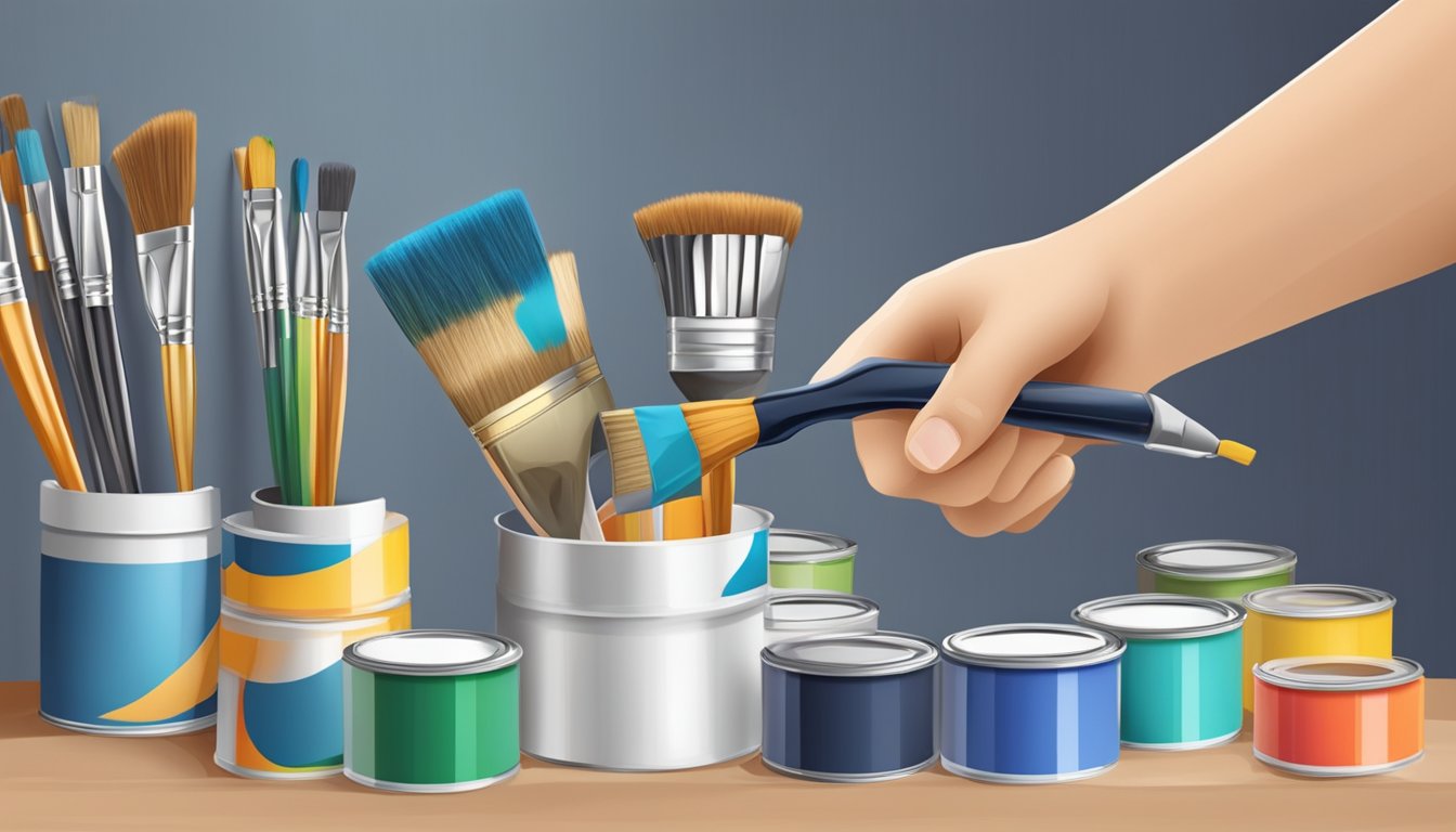 A hand holding a paintbrush applying interior paint with various brands displayed in the background