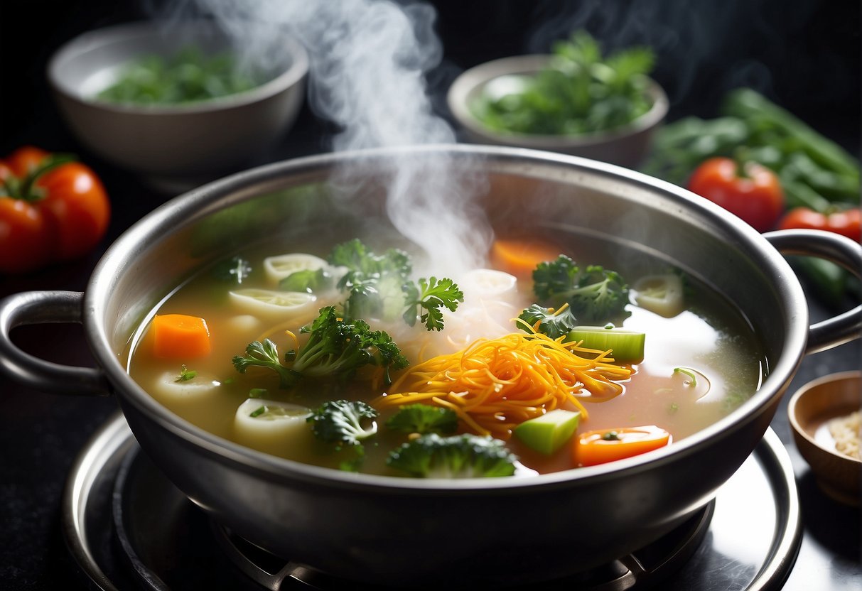 A steaming pot of Chinese beauty soup simmers on a stove, filled with colorful vegetables, aromatic herbs, and nourishing broth