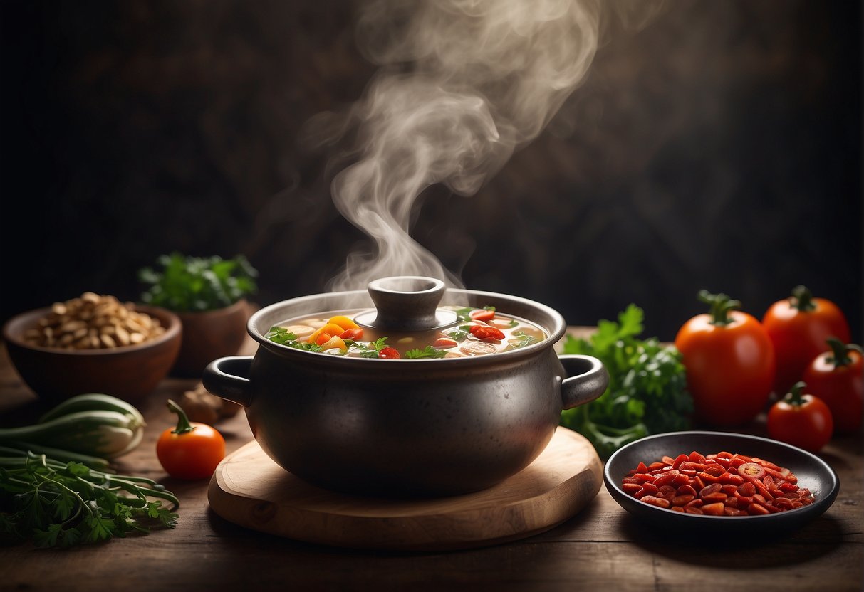 A steaming pot of Chinese beauty soup surrounded by fresh ingredients like goji berries, ginseng, and shiitake mushrooms