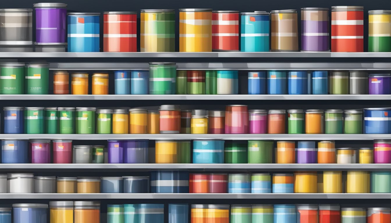 Various paint cans with brand logos displayed on shelves in a home improvement store