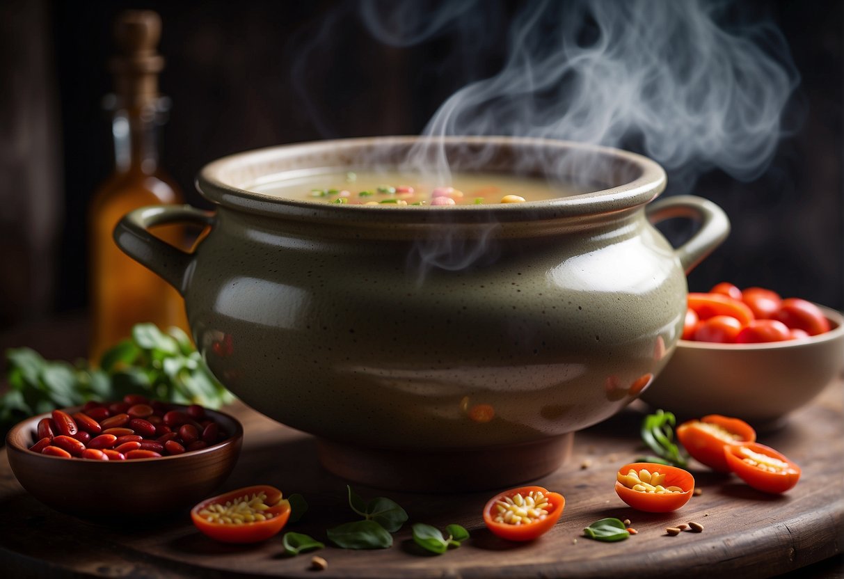 A steaming pot of Chinese beauty soup surrounded by fresh ingredients like goji berries, lotus seeds, and red dates, with a hint of ginseng and other traditional herbs
