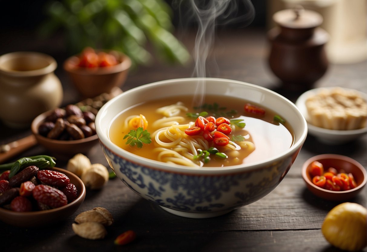 A steaming bowl of Chinese beauty soup is surrounded by various ingredients like goji berries, red dates, and ginseng, with a pot of herbal tea on the side