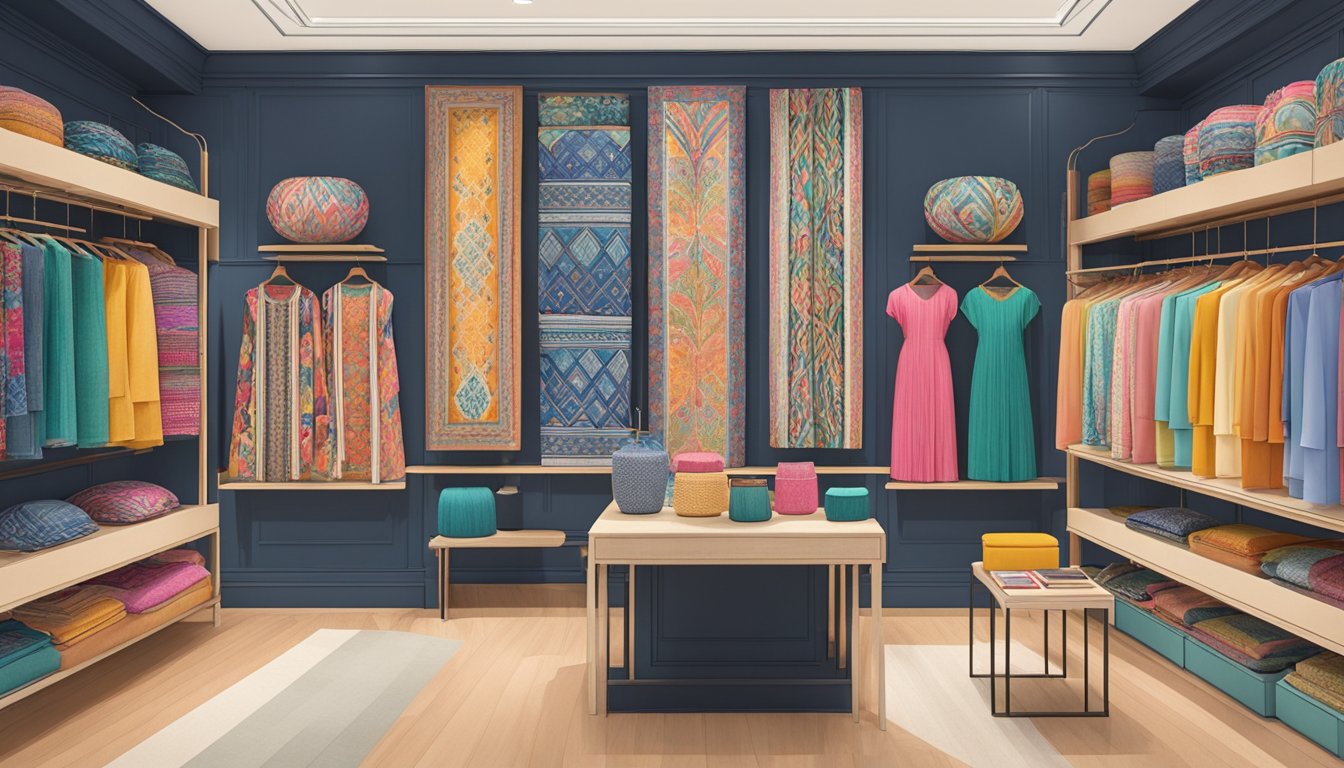 Vibrant textiles and traditional patterns fill a modern boutique, showcasing the iconic designs of brands like Raw Mango
