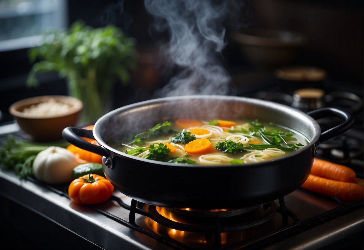 A steaming pot of Chinese beauty soup simmers on a stove, filled with colorful vegetables, fragrant herbs, and nourishing broth