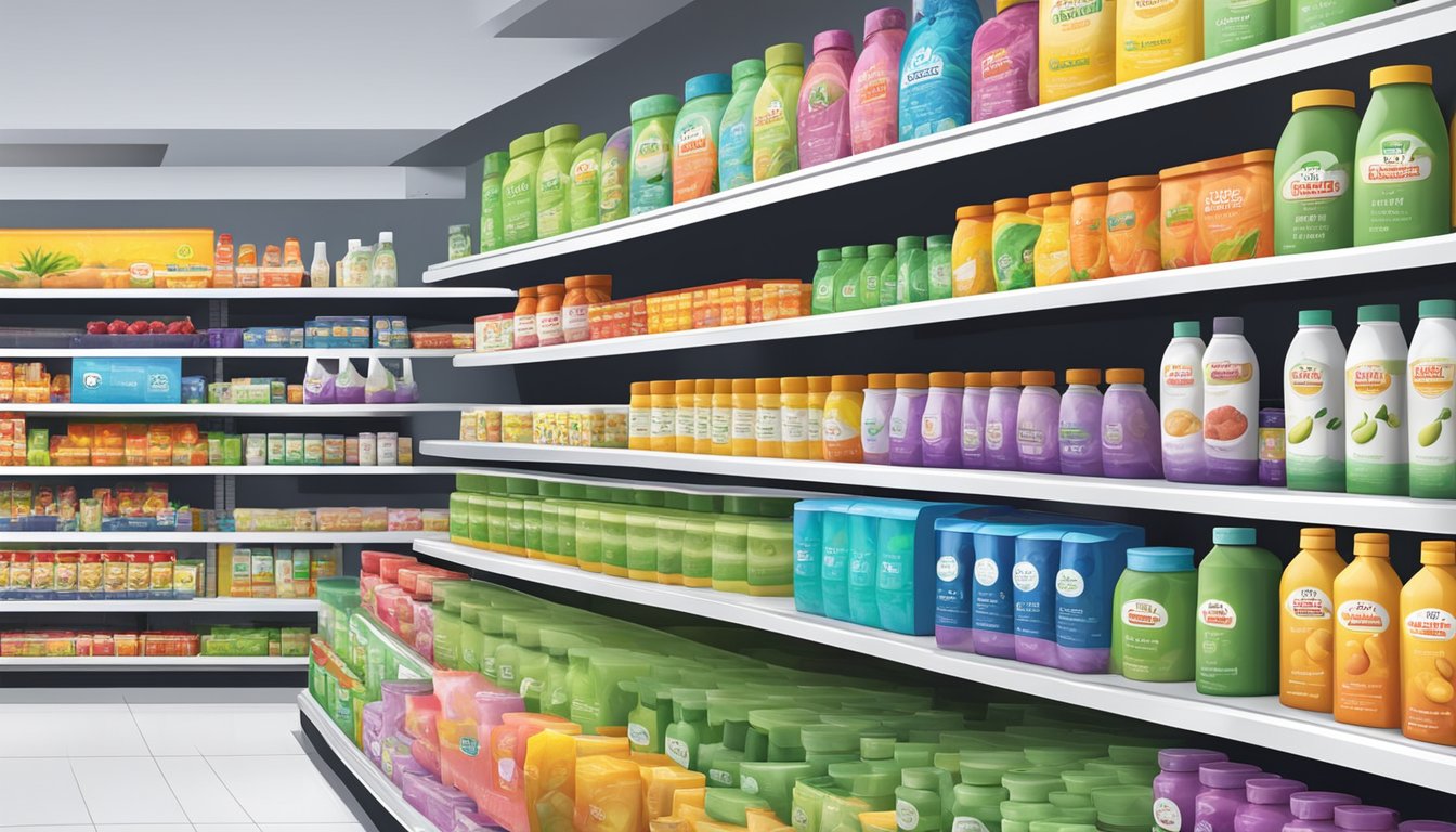 A colorful array of branded prebiotic products displayed on shelves in a modern, well-lit grocery store