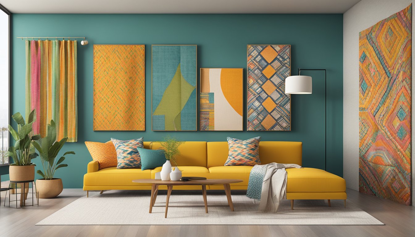 Vibrant colors and bold patterns of Raw Mango textiles on display in a modern, minimalist setting
